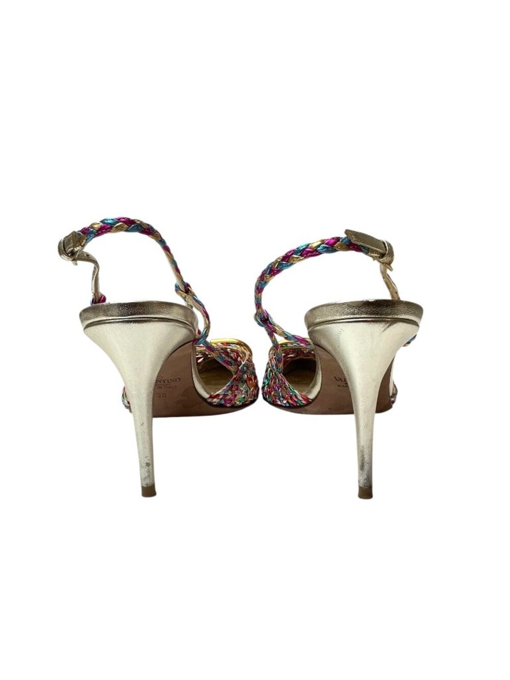 VALENTINO Garavani Multicolor Woven Leather Vlogo Pointed Toe Slingback Sandals - Picture 10 of 12